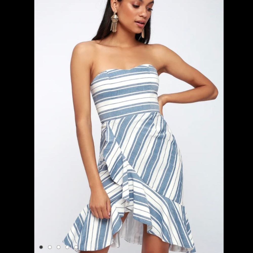 Lulu’s Delfino Striped Ruffled Strapless Mini Dress with Sweetheart Neckline - Picture 2 of 15